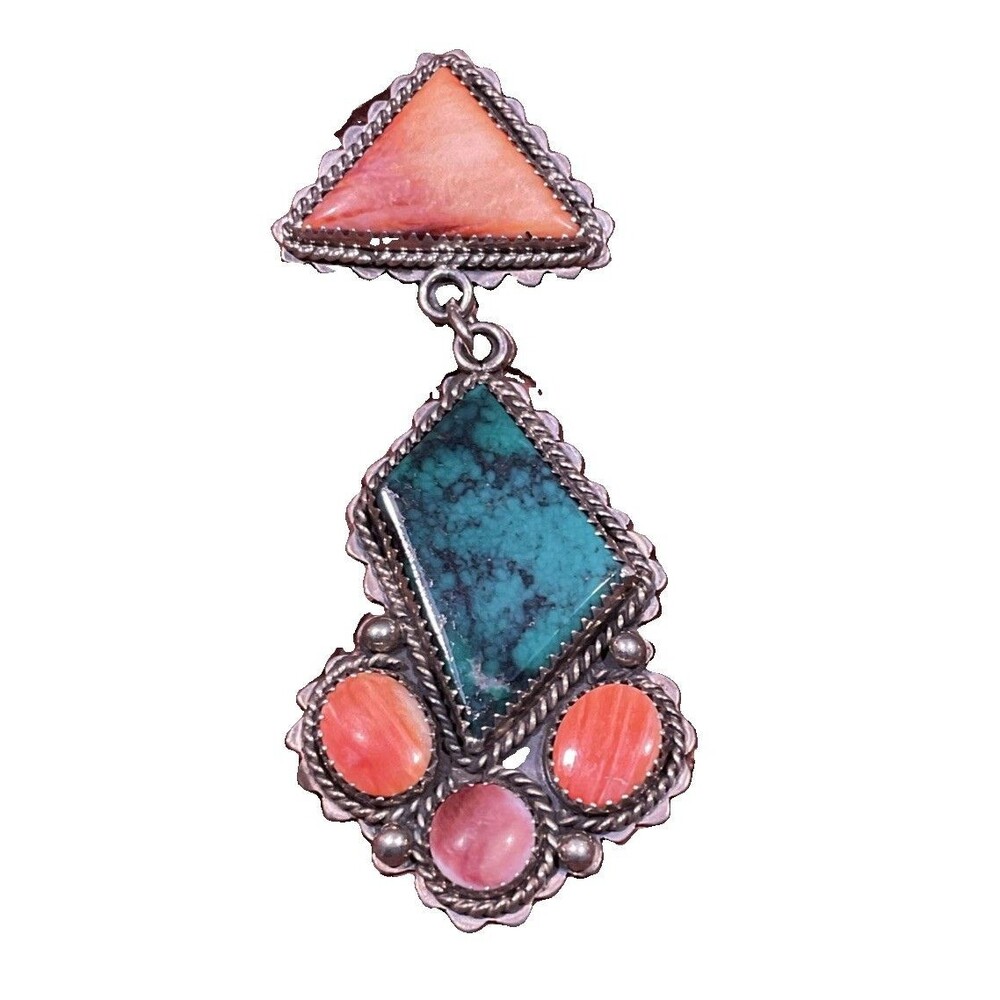 Authentic Sterling Silver Turquoise Navajo Pendant Brooch Signed SC 18g